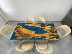 Blue Epoxy Resin River Dining Table Top, Epoxy Wooden Table, Furniture Table Top - Picture 1 of 8