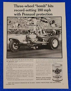 1963 PENNZOIL KENNY ELLIS "THREE WHEEL BOMB" 180 MPH DRAGSTER ORIGINAL PRINT AD - Picture 1 of 1