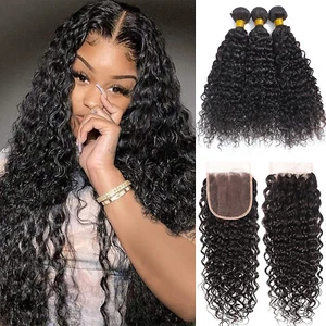 Kinky Curly Human Hair Bundles with Closure Curly Wave Bundles with Frontal Hair - Picture 1 of 16