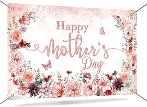 Mothers Day Backdrop Pink Flowers Happy Mothers Day Banner Thanks Mother Party P - Picture 1 of 5