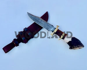 14” Custom Handmade Damascus Steel Bowie Knife Stag Horn Style Leather Sheath. - Picture 1 of 7