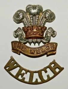 INSIGNIAS DE GORRA MILITAR BRITÁNICA, insignia de gorra de regimiento Welch y título de hombro 1920-WW2 - Imagen 1 de 4