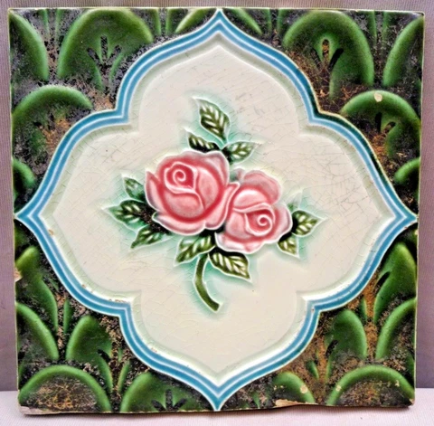 VINTAGE TILE MAJOLICA CERAMIC ART NOUVEAU DK JAPAN ROSE DESIGN GREEN COLOR # 358 Cover