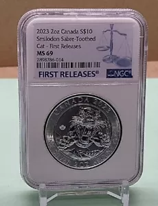 2023 CANADA 2oz $10 - SMILODON SABRE-TOOTH CAT - NGC MS69 - .9999 SILVER COIN - Picture 1 of 8