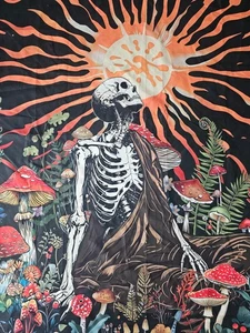 Unbranded Mushroom Skull Tapestry Banner Flowers Frog Colorful 59 X 51 Skeleton - Picture 1 of 9