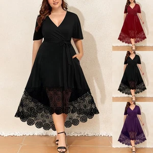 Plus Size Womens V Neck Wrap Dress Ladies Lace Short Sleeve Party Midi Dresses - Picture 1 of 22