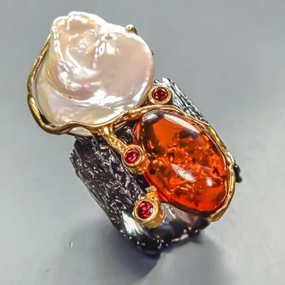 Unique ring Natural Baroque Pearl Ring 925 Sterling Silver Size 8 /R444656 - Image 1 of 4