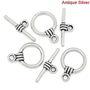 10 juegos de broches redondos plateados antiguos 15 mm x 11 mm - barra 17 mm x 6 mm - Imagen 1 de 3
