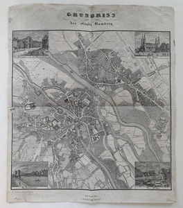 Pianta di Bamberga orig. Mappa della città del 1860 circa con vedute negli angoli - Foto 1 di 10