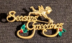 Vintage Christmas Pin Angel Seasons Greetings Holly Gold-tonen 2" Enamel h- - Picture 1 of 5