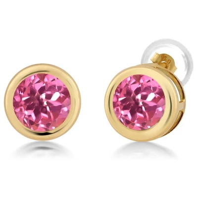 Aretes redondos de oro amarillo de 14K con topacio místico rosa de 6 mm de 2,00 quilates Foto 1 de 3