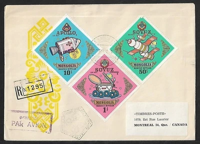 MONGOLIA A CANADÁ CORREO AÉREO REGISTRADO LOGROS ESPACIALES EN PORTADA 1974 Foto 1 de 2