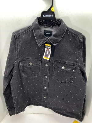 Express Jeans Denim Jacket Womens M Black Snap Front Rhinestone Western NWT - Imagem 1 de 4