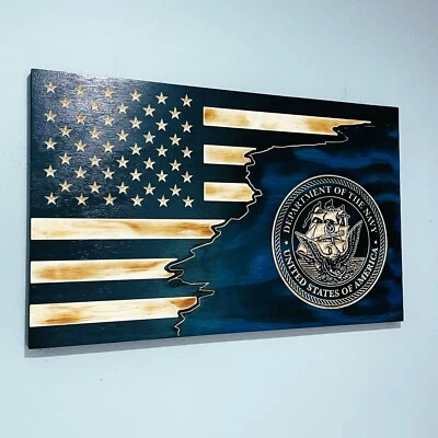 US Navy Wood Engraved U.S. American Flag USA 14x24 Promotion Retirement Gift - Image 1 of 4