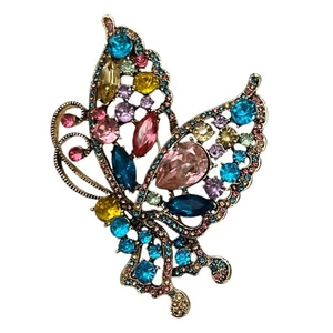 Gorgeous Jewel Tone Rhinestone Side Butterfly Rose Gold Tone Brooch Pin Fancy - Picture 1 of 13
