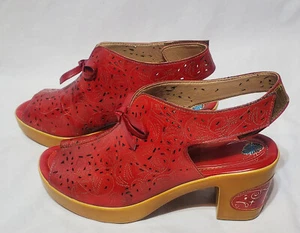 Sofia Red Floral Perforated Genuine Leather Sandal. Size EU 39 / US 8 - Picture 1 of 9