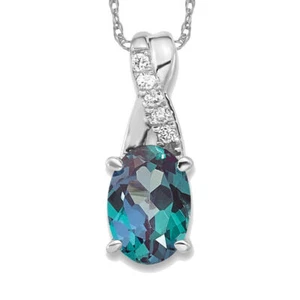 14K Solid White Gold Oval Lab Alexandrite Diamond Necklace - Picture 1 of 6