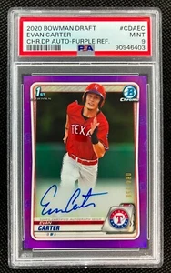2020 Bowman Draft Evan Carter Auto /250 Purple Refractor #CDA-EC Rangers PSA 9 - Picture 1 of 2