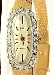 Vintage Rare Sutton 24 Genuine Diamonds Italy Gold Plated Ladies Watch Works