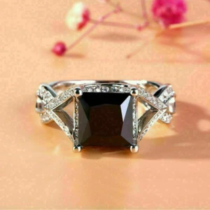 3Ct Created Princess Black Diamond Engagement Ring 14K White Gold Plated US 6-12 - Picture 1 of 7