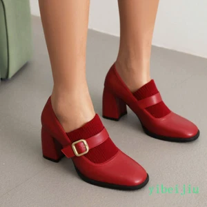 2025 Spring Women's MaryJane Leather Dress Formal Shoes Block Heels Ladies Pumps - Picture 1 of 18