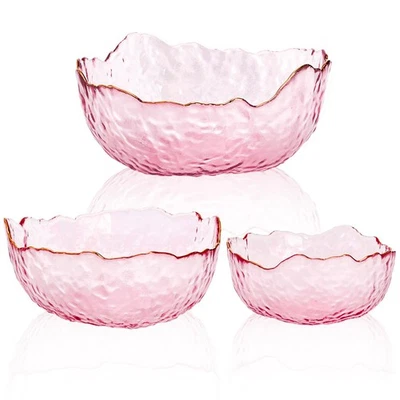 Set of 3 Glass Salad Bowls, Pink Serving Bowls for Kitchen Prep, Decorative L... - Image 1 of 4