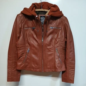 Helen Womens LARGE Cognac Brown Real Leather Jacket Coat with Removable Hood - Picture 1 of 17