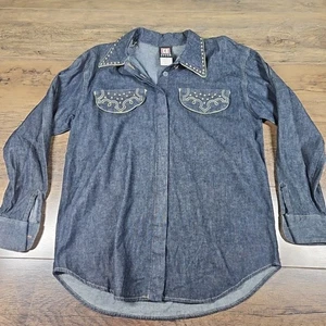 Vintage 80s Choon Sport Womens Denim Shirt Sz 8 Western Embellished  - Picture 1 of 6