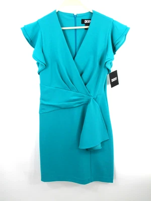NWT DKNY Midi Peplum Dress Women Size 4 Turquoise Blue V-Neck Retro Look Stretch - Image 1 of 4