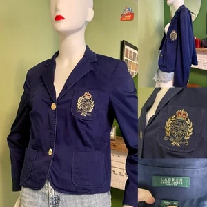 Vtg 90s Ralph Lauren Blazer Gold Button Crest Logo Cotton Preppy Petite L - Picture 1 of 6
