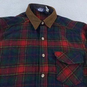 Vintage Woolrich Shirt Mens XL Green Red Plaid Wool Suede Elbow USA 90s - Picture 1 of 8