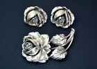 Art Nouveau Sterling Pat Pend 3D Flower Rose Brooch Pin And Earrings Jewelry Set
