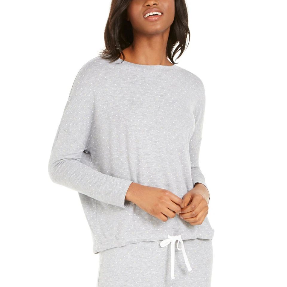 Alfani Intimates Womens Sleep Top Shirt Long Sleeve Tie Waist Crew Neck Gray Xl