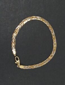 Beautiful 14k Tri-Color Gold Herringbone Braided Bracelet 4mm 3.7g Italy