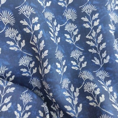 Block print 100% linen fabric for curtains or home textile Indigo blue designer - Image 1 of 4
