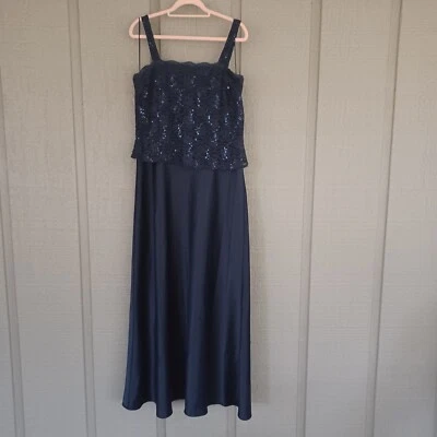 Vestido Alex Evenings Talla 16 Azul Marino Lentejuelas Encaje Satinado Sin Mangas Cuello Cuadrado Foto 1 de 4