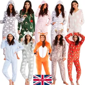 Women's Fleece 1Onesie Heart Star Fox Reindeer Jumpsuit Cosy Winter Loungewear - Picture 1 of 53