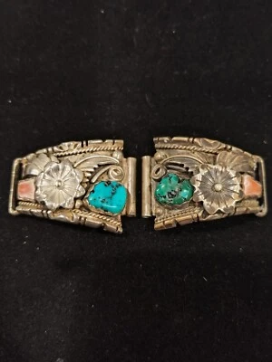 Puños de reloj navajo de plata esterlina turquesa y coral Foto 1 de 4