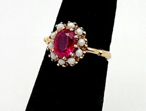 VINTAGE ROTHMAN & SCHNEIDER 10K GOLD RUBY & PEARL HALO RING,5 1/2 - Picture 1 of 12