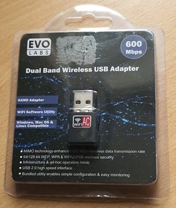 Evo Labs AC600 Dual Band USB WiFi Network Adapter Brand New Sealed - Afbeelding 1 van 2