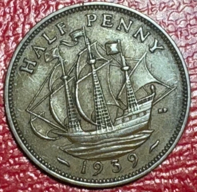 VINTAGE VF/XF DETAILS  1939 GREAT BRITAIN HALF 1/2 PENNY-SURFACE ISSUES-MAR677 - Image 1 of 2