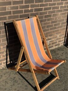Vintage Wooden Deck Chair / Orange Stripes Canvas / Adjustable Garden Beach
