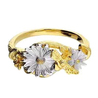 Anillo Floral 2 Tonos Chapado en Oro Amarillo 9ct Sello Hecho en Gran Bretaña Talla L - R Foto 1 de 3