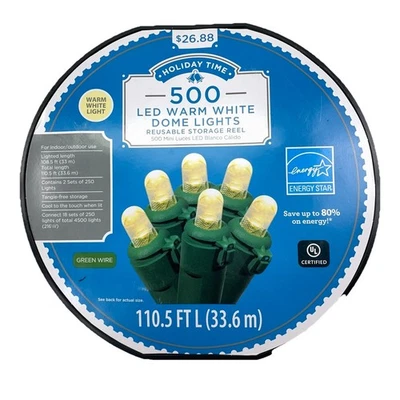 Holiday Time 500 ct LED Blanco Frío Cúpula Navidad Cadena Luces 105’ en Juego de Carretes Foto 1 de 4