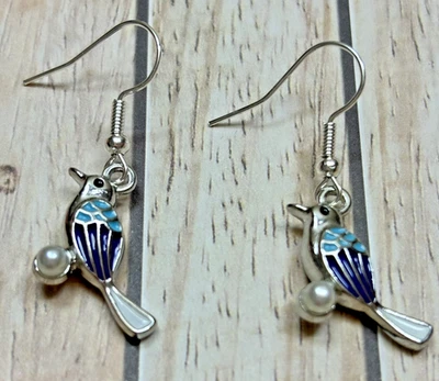 Blue Enamel Bird Earrings Women’s Drop Dangle Animal Jewellery Silver Hooks Gift - image 1 of 4