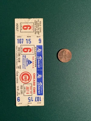 RON SANTO HR 1972 Cubs Braves ticket stub HANK AARON DUSTY BAKER HR STONE WIN - Image 1 of 4