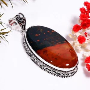 Bloodstone Gemstone Vintage Handmade 925 Silver Plated Pendant 2.6" GSR-6356 - Picture 1 of 2
