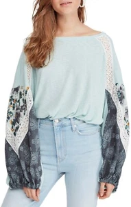 Free People Mint Green Casual Medium Waffle Knit Boho Patchwork Balloon Sleeves - Picture 1 of 7