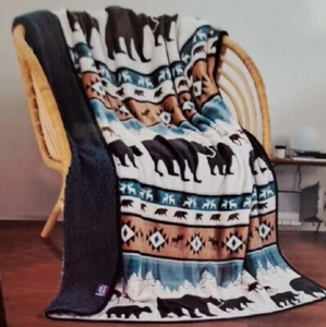New Teal Lodge Plush Fleece Throw Gift Blanket Sherpa Rustic Cabin Moose Bear - Picture 1 of 5