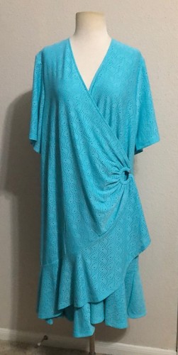 ABITO NUOVO CON ETICHETTE MICHAEL KORS 3X PAISLEY SURPLICE SCOLLO A V OCCHIELLI TURCHESE SVOLAZZANTE $155